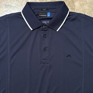 J Lindeberg Polo Shirt Mens Large Blue Will Slim TX Back Logo Golf Performance
